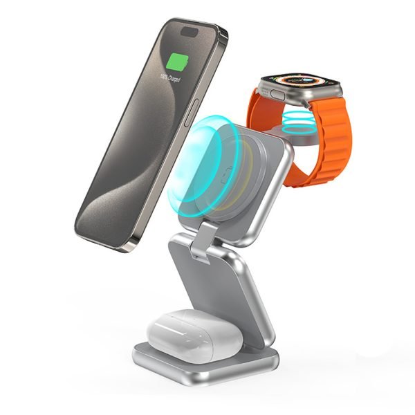 LEPOID 3 in 1 Foldable Portable Magnetic Magsafe Wireless charger Compatible with iPhone 12 13 14 15 Plus Pro Max Samsung Galaxy S20 S21 S22 S23 S24 Plus Ultra Grey