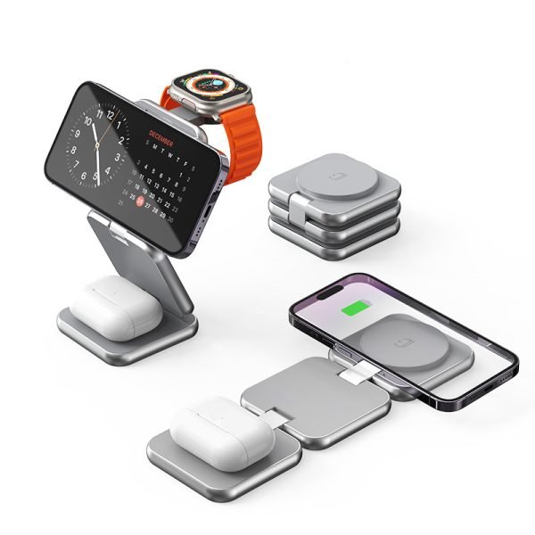 LEPOID 3 in 1 Foldable Portable Magnetic Magsafe Wireless charger Compatible with iPhone 12 13 14 15 Plus Pro Max Samsung Galaxy S20 S21 S22 S23 S24 Plus Ultra Grey