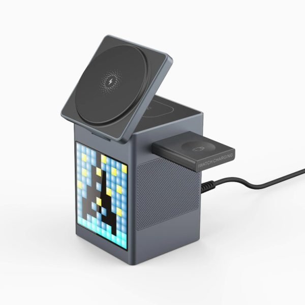 LEPOID 6 in 1 Alarm Clock Cartoon screen Bluetooth Speaker Magnetic Magsafe Wireless charger Compatible with iPhone 12 13 14 15 16 Plus Pro Max Samsung Galaxy S20 S21 S22 S23 S24 Plus Ultra Black