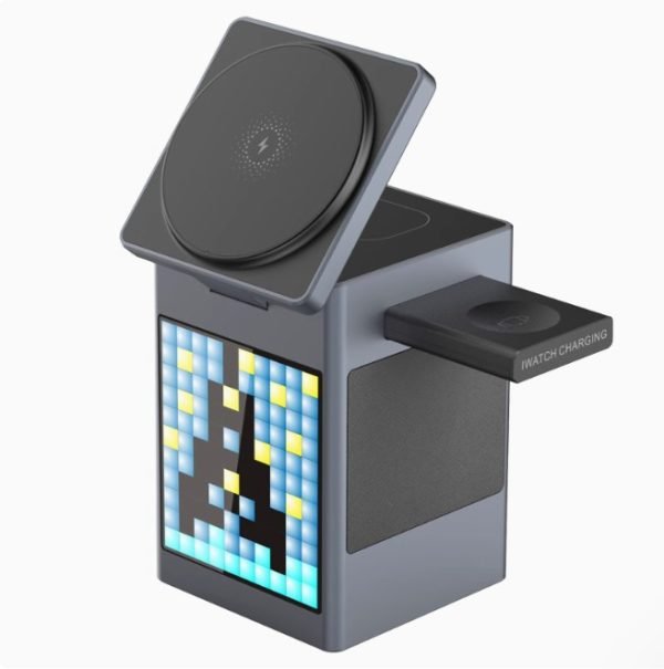 LEPOID 6 in 1 Alarm Clock Cartoon screen Bluetooth Speaker Magnetic Magsafe Wireless charger Compatible with iPhone 12 13 14 15 16 Plus Pro Max Samsung Galaxy S20 S21 S22 S23 S24 Plus Ultra Black