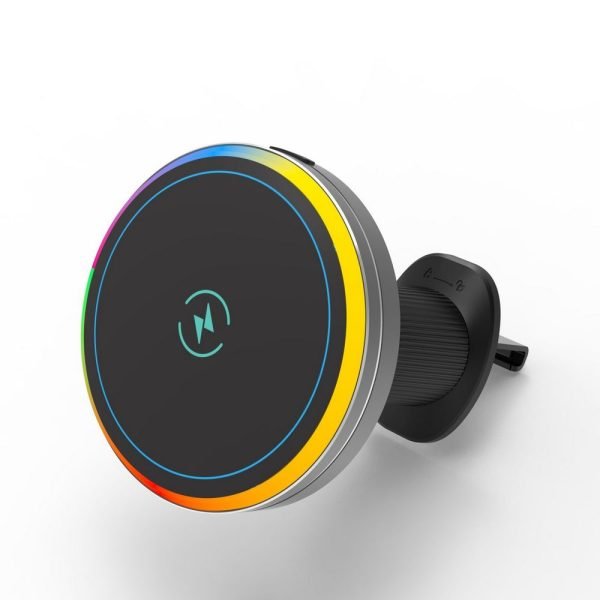 LEPOID 15W Magnetic Car Phone Mount Wireless Charger, Aluminum Alloy Air Vent Clip for iPhone 12~16 Plus Pro Max with RGB Ambient Light Black