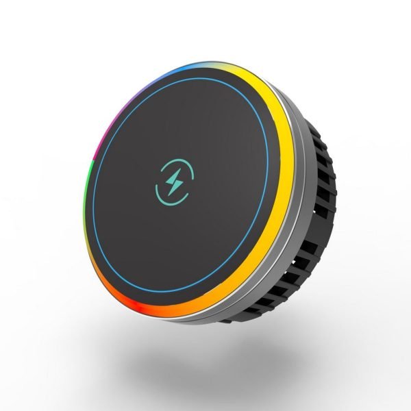 LEPOID 15W Magnetic Air Vent Car Phone Charger, Aluminum Alloy Wireless Cooling Pad  for iPhone 12~16 Plus Pro Max with RGB Ambient Light Black