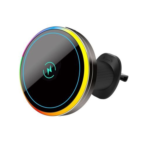LEPOID 15W Magnetic Car Phone Mount Wireless Charger, Aluminum Alloy Air Vent Clip for iPhone 12~16 Plus Pro Max with RGB Ambient Light Black