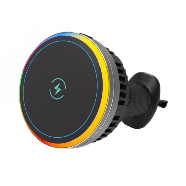 LEPOID 15W Magnetic Air Vent Car Phone Charger, Aluminum Alloy Wireless Cooling Pad  for iPhone 12~16 Plus Pro Max with RGB Ambient Light Black