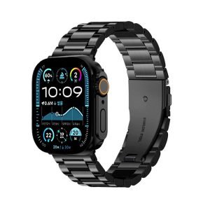 LEPOID 9H HD Tempered Glass Full-Cover Shockproof Case + Stainless Steel Solid Metal Band Kit with Removal Tool for Apple Watch Series S9/S8/S7 44mm