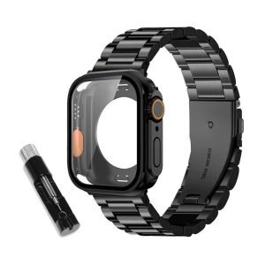 LEPOID 9H HD Tempered Glass Full-Cover Shockproof Case + Stainless Steel Solid Metal Band Kit with Removal Tool for Apple Watch Series S9/S8/S7 40mm