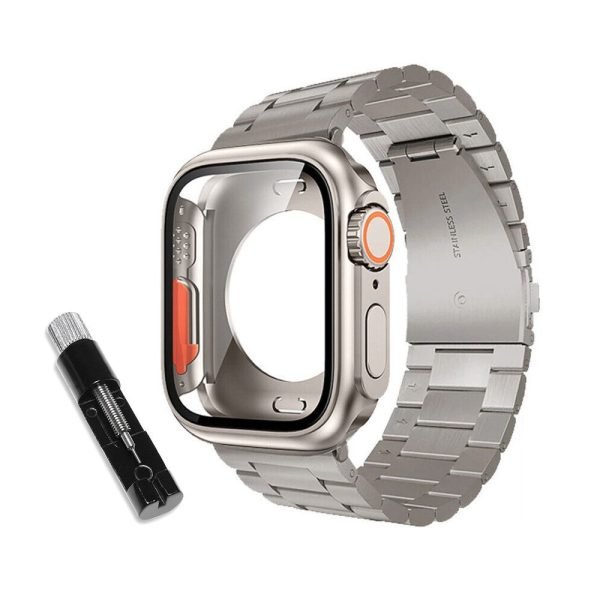 LEPOID 9H HD Tempered Glass Full-Cover Shockproof Case + Stainless Steel Solid Metal Band Kit with Removal Tool for Apple Watch Series S10 46mm